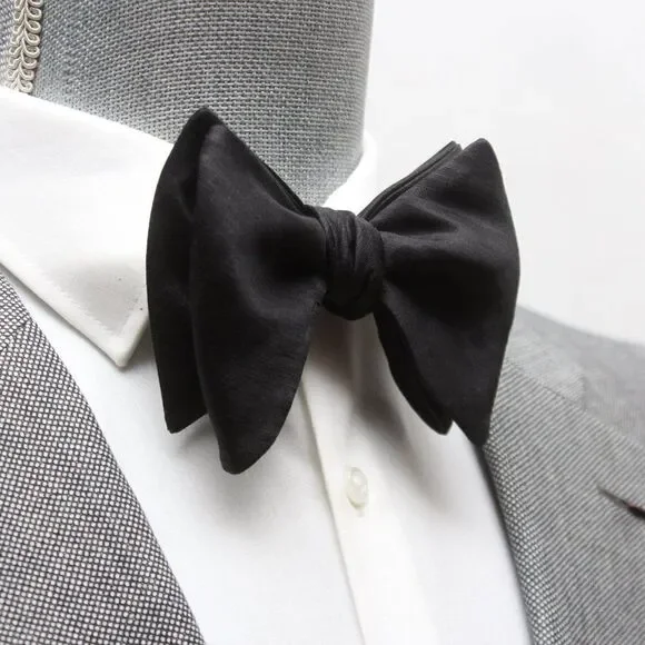 Men's Self tied Bow Tie Black Big Butterfly Bow‎ tie Silk Linen Pin Strip…